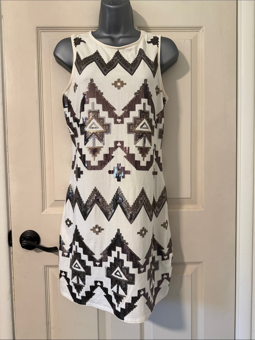 Express White Sequin Aztec Sheath Dress
